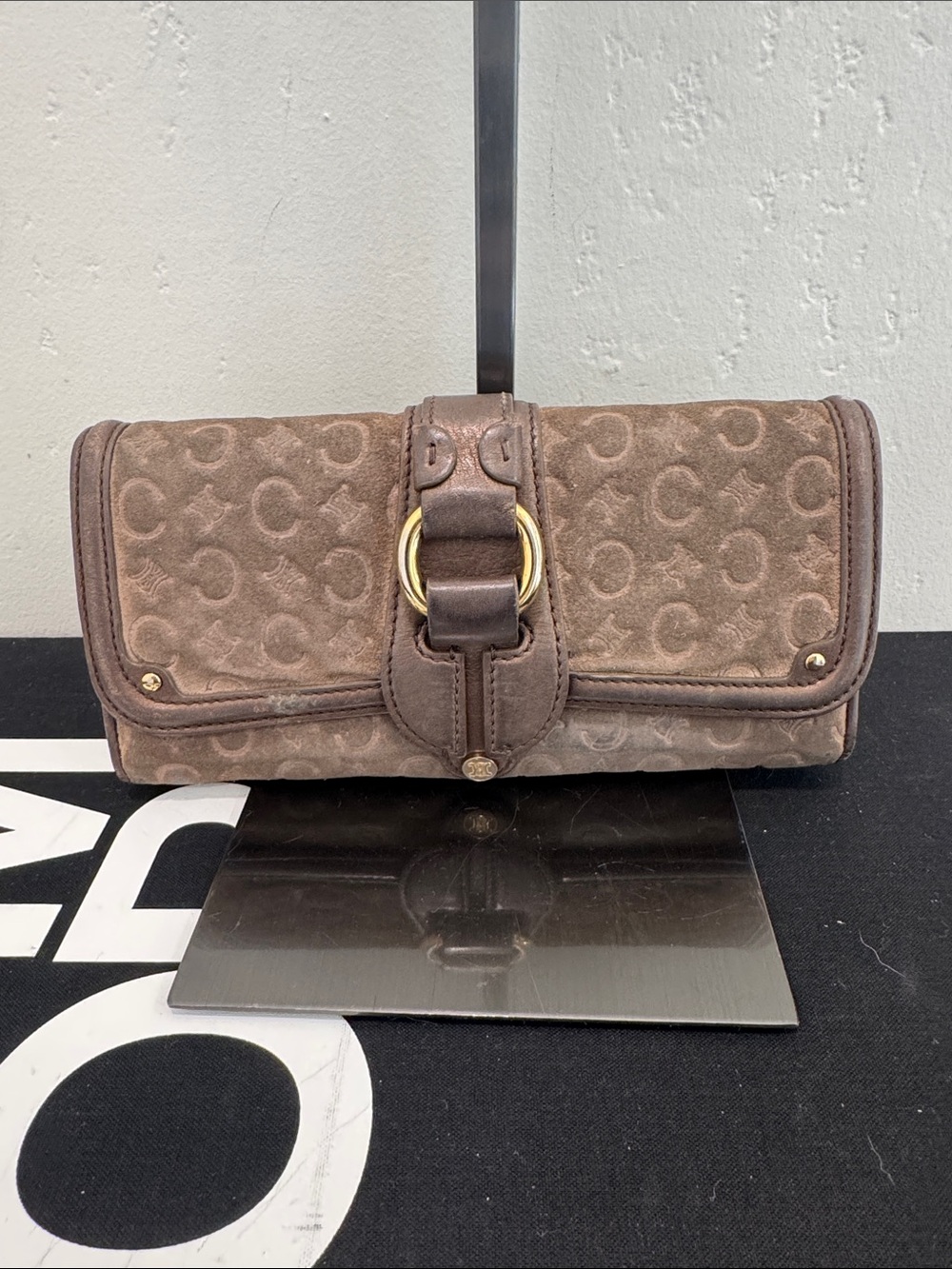 Celine Brown Suede Logo Clutch with Gold Ring